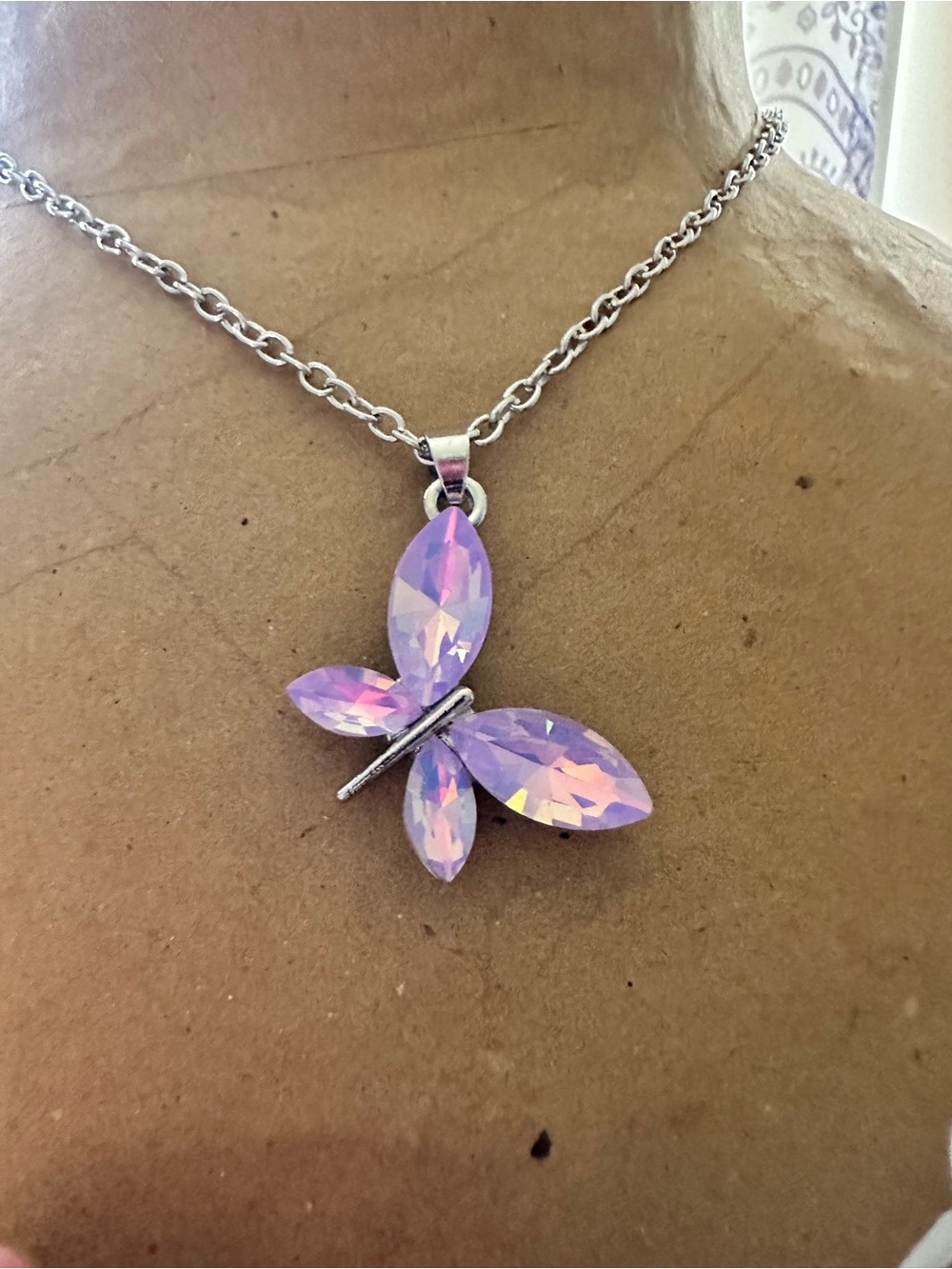 Butterfly Dsigns Silver Necklace with Iridescent Lavender Wings
